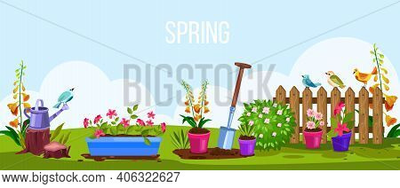 Spring Garden Vector Cartoon Nature Backyard Illustration, View With Fence, Flowerpots, Birds, Green