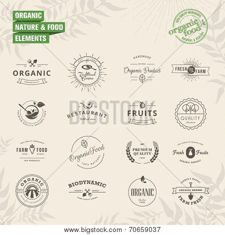 Set of badges and labels elements for organic nature and food