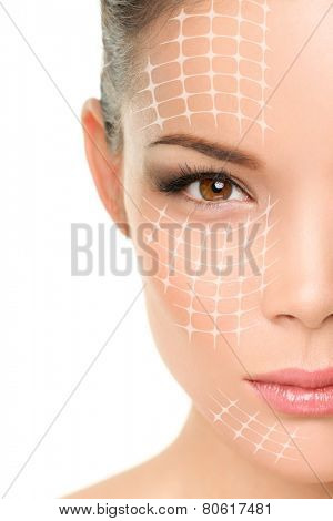 Face lift anti-aging treatment - Asian woman portrait with graphic lines showing facial lifting effect on skin.