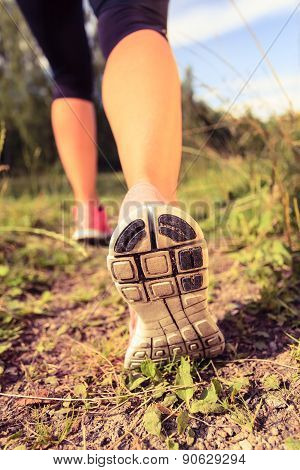 Walking Or Running Shoes In Forest, Adventure And Exercising