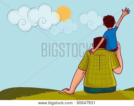 Illustration of a little boy sitting on his daddy's shoulder on nature background for Happy Father's Day celebration.