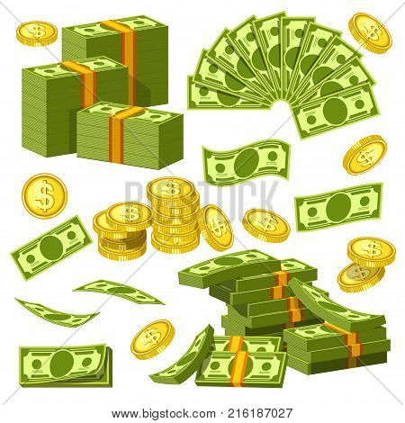 Dollars and cents money banknotes and golden cents coins icons. Vector paper and coin money piles and heaps for banking finance business or casino poker jackpot cash win game