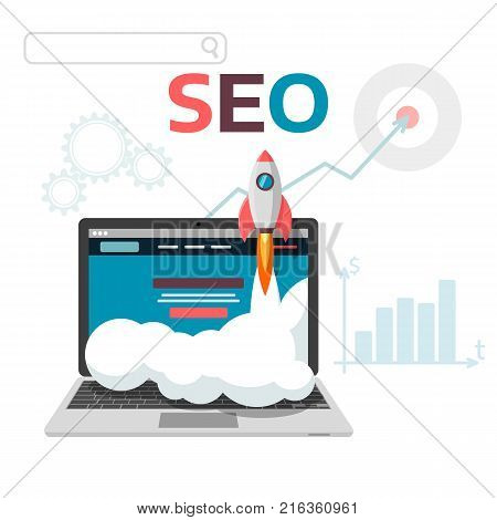 Graphic concept SEO optimization. Flat vector illustration web analytics design. Launch landing page site and promotion