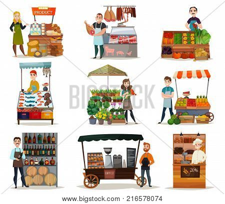 Street food icons set with vegetables meat and wine flat isolated vector illustration