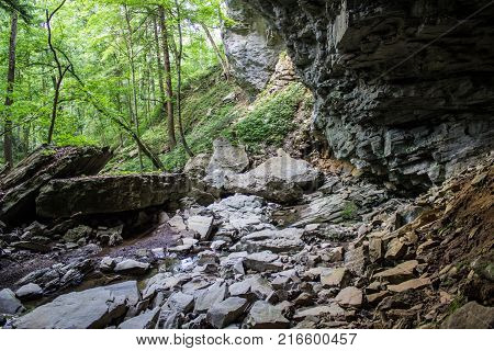 Kentucky Mountain Landscape. Rocky terrain and scenic forest in the Appalachian Mountains of eastern Kentucky. Carter Caves State Park, Olive Hill, Kentucky, USA.