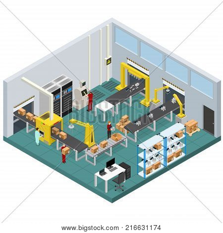 Conveyor Belt Line Factory Interior with Isometric View Automatic Production Packaging Work Technology Assembly Machine Operations. Vector illustration