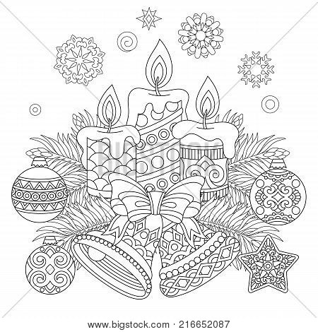 Christmas coloring page. Holiday decorations hanging balls candles jingle bells vintage snowflakes. Freehand sketch drawing for 2018 Happy New Year greeting card or adult antistress coloring book.