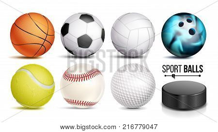 Sport Balls Vector. Set Of Soccer, Basketball, Bowling, Tennis, Golf, Volleyball, Baseball Balls Hockey Puck Isolated Illustration