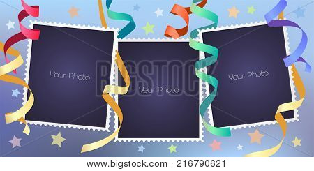 Collage of photo frames vector illustration. Design element of festive background and blank frames for scrapbook or photo album