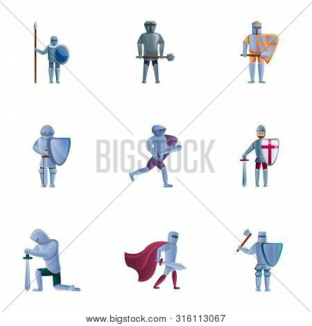 Crusader Knights Icon Set. Cartoon Set Of 9 Crusader Knights Vector Icons For Web Design Isolated On