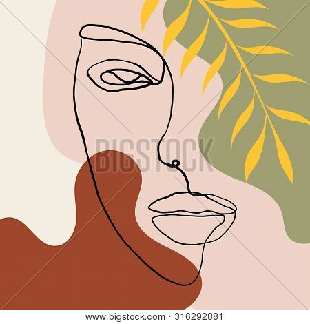 Continuous Line, Drawing Of Woman Face, Fashion Concept, Woman Beauty Minimalist With Geometric Dood