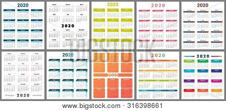 Calendar 2020. Wall Planner Calendars, Week Starts Grid And Year Dates Template. Date Diary, Busines