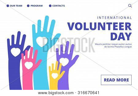 Volunteer Day Landing Page. Vector Volunteering Banner Template. Illustration Volunteer Day Support,