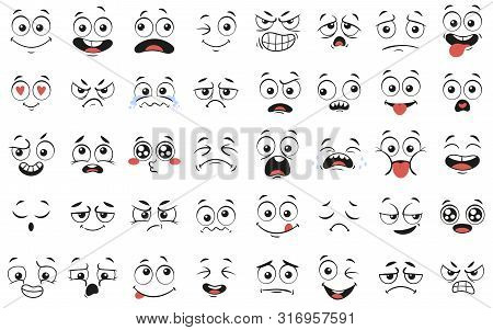 Cartoon Faces. Expressive Eyes And Mouth, Smiling, Crying And Surprised Character Face Expressions. 