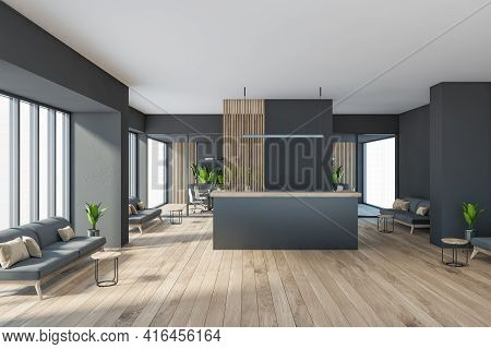 Dark Modern Minimalist Office Room Interior With Cozy Couches, Wooden Parquet Floor, Panoramic Windo