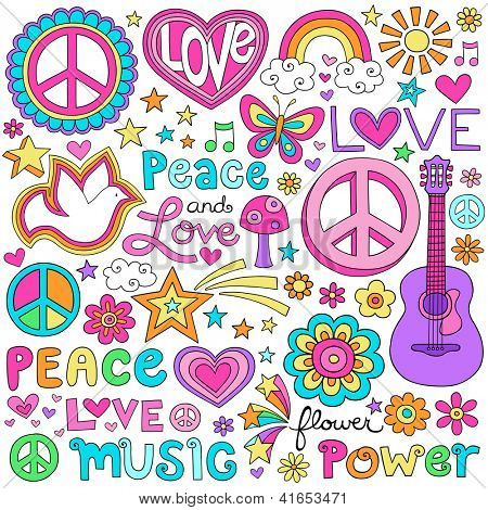 Peace Love ja Dove Flower Power Groovy psykedeelinen Notebook Doodles asetettu Butterfly, rauhan Sig