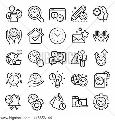 Time Management Line Icons. Alarm Clock, Timer Plan And Project Deadline Signs. Countdown Clock, Tim