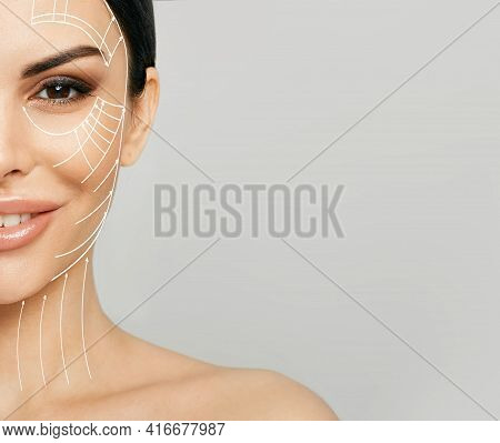 Lifting Skin. Lifting Lines On Half Of A Womans Face, Advertising Of Face Contour Correction, Skin A