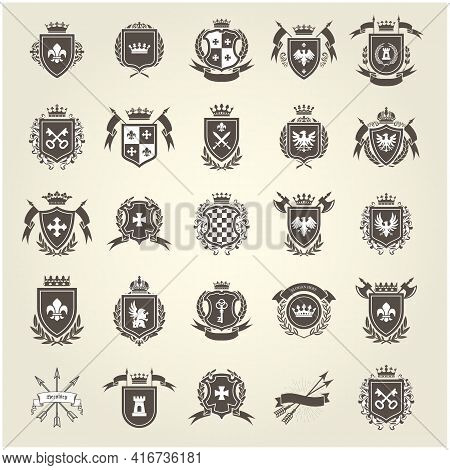 Medieval Royal Coat Of Arms, Knight Emblems, Heraldic Shield Crest And Blazons Set, Vector