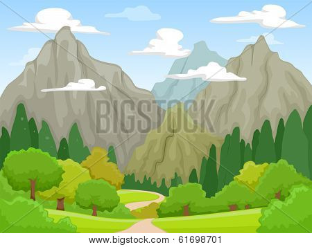 Illustration of a Peaceful Scenery Featuring Rocky Mountains Visible from Afar