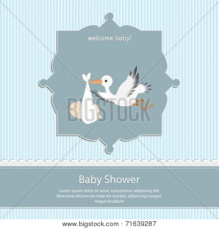 baby shower card, for baby boy,blue stripe background with stork