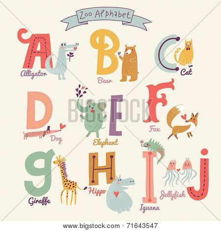 Cute zoo alphabet in vector. A, b, c, d, e, f, g, h, i, j letters. Funny cartoon animals. Alligator, bear, cat, dog, elephant, fox, giraffe,  hippo, iguana, jellyfish in bright colors