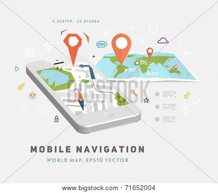 World Map. Mobile GPS Navigation. Mobile Phone. Mobile Technologies Concept. 