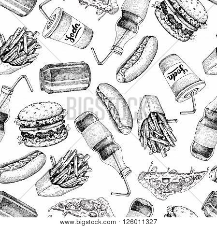 Hand drawn fast food pattern. Junk food and soda drinks background. Burger pizza hot dog french fries and soda detailed illustrations. Great for fast food restaurant menu or banner