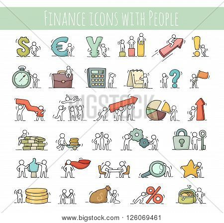 Finance and business icons set of sketch working little people with arrow money currency. Doodle cute miniature scenes of workers. Hand drawn cartoon vector illustration for business and finance design infographic.