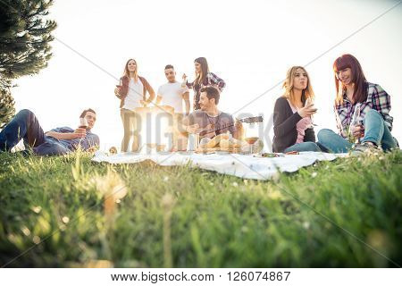 Group of friends having pic-nic in a park on a sunny day - People hanging out having fun while grilling and relaxing