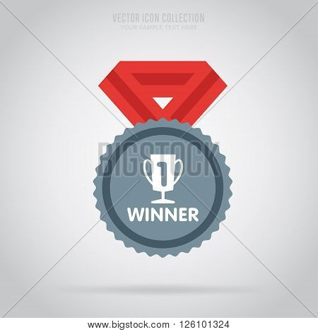 Winner badge. Winner medal. Flat medal. Award for winner. Winner icon. Vector winner medal. Isolated winner medal. Winner vector concept. Winner cup on medal. Medal with ribbon.