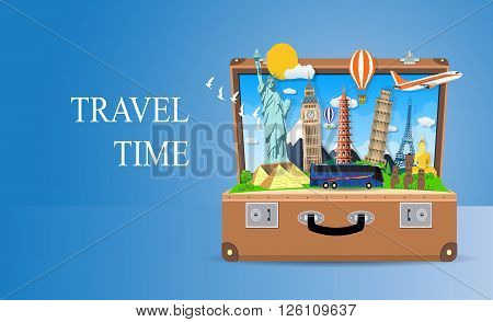 Trip to World. Travel to World. Vacation. Road trip. Tourism. Travel banner. Open suitcase with landmarks. Journey. Travel and adventure template, travel time. vector illustration in flat design