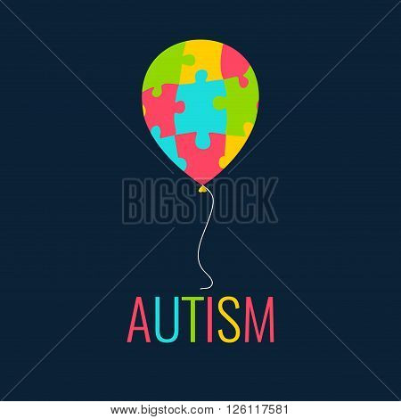 World Autism Day. Autism awareness poster with a colorful balloon made of puzzle pieces. Autism solidarity day. Symbol of Autism. Puzzle symbol. Autism sign. Vector illustration.