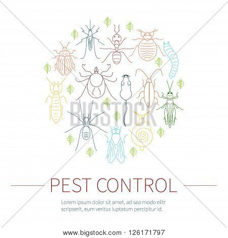 Pest control line icon set with place for text. Insects and rodents symbols. Linear design elements can be used by exterminator service and pest control companies. Isolated vector illustration.