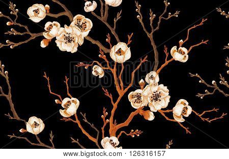 Sakura branch on a black background. Vector seamless pattern. Floral design in oriental style. Vintage. Black white and gold. Beautiful flowers of Oriental cherry tree gold foil printing.