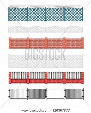 Fence vector illustration. Brick fence and wood fence. Fence around the house vector design. Security fence. Brick wall fence. Fence vector collection.