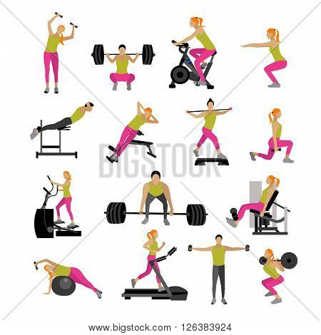 Fitness and workout exercise in gym. Vector set of gym icons in flat style isolated on white background. People in gym. Gym equipment, dumbbell, weights, treadmill, ball.