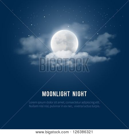 Mystical Night sky background with full moon, clouds and stars. Moonlight night. Vector illustration.