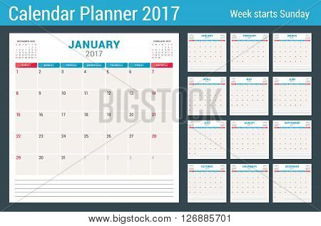 Calendar Planner for 2017 Year. Vector Design Template with Place for Notes. 3 Months on Page. Week Starts Sunday. Stationery Design. Set of 12 Months