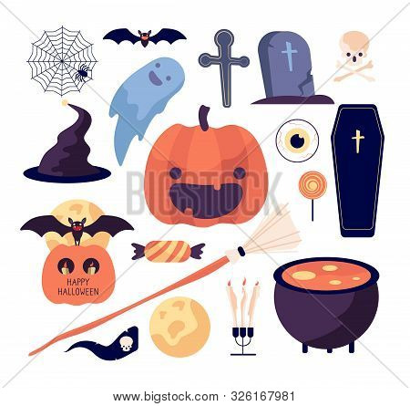 Halloween Set. Spider Web And Pumpkin, Bat And Coffin, Grave And Moon, Broom And Skull, Sweets And C