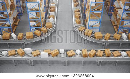 Packages Delivery, Parcels Transportation System Concept, Cardboard Boxes On Conveyor Belt In Wareho