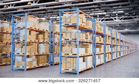 Warehouse With Cardboard Boxes Inside On Pallets Racks, Logistic Center. Huge, Large Modern Warehous