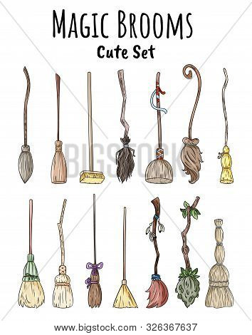 Set Of Cute Broomstick Doodles. Collection Of Happy Halloween Related Illustrations - Magic Brooms. 