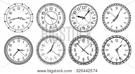 Vintage Round Clock Face. Antique Clocks With Arabic Numerals, Retro Watchface And Antic Watches. El