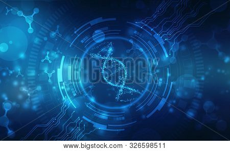 Abstract Technology Science Concept Dna Futuristic On Hi Tech Blue Background, Dna Structure, Abstra