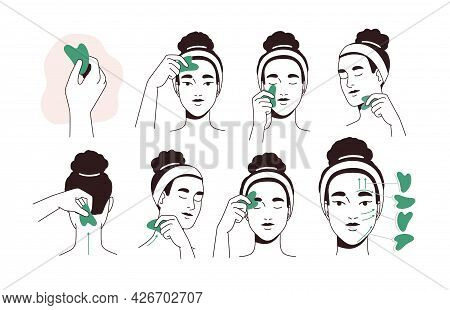 Guide For Face Lifting Massage With Facial Tool. Instruction Of Beauty Procedure With Jade Stone Gua