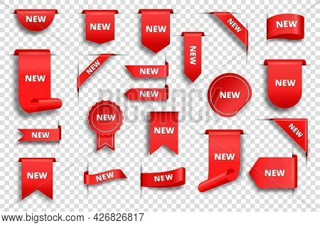 New Red Tags. Realistic Promo Sale Ribbons, Labels, Corners, Stickers. Price Badge, Discount Banner,