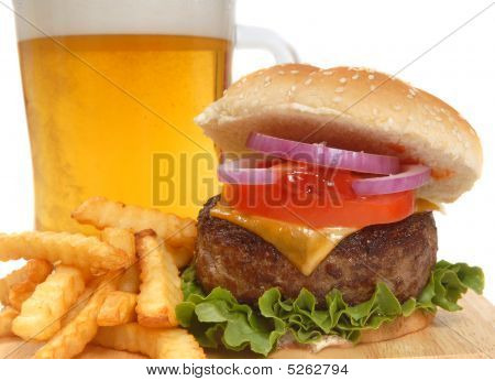 Cheeseburger With French Fries And Beer