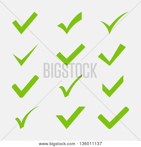 Check mark icon vector set isolated on white background. Green tick symbols in a flat style. Icon Ok Yes or Agree to the web sites and applications.