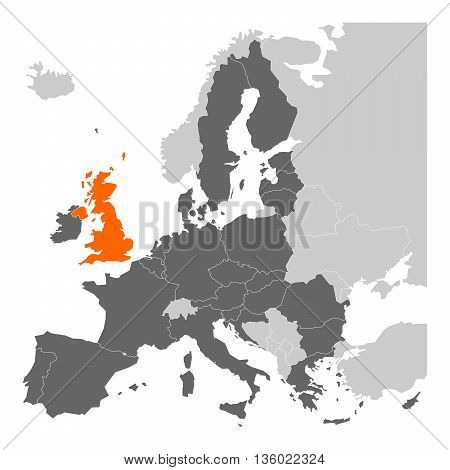 Brexit theme map - map of Europe with highlighted EU member states and United Kingdom in different color. Vector illustration. Simplified map of European Union.